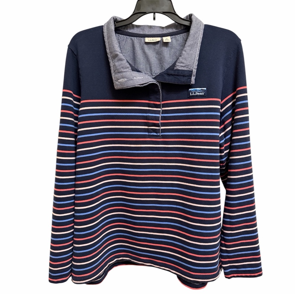❗️SOLD❗️L.L. Bean Striped Rugby Top Womens Sz XL Blue 100% Cotton Preppy